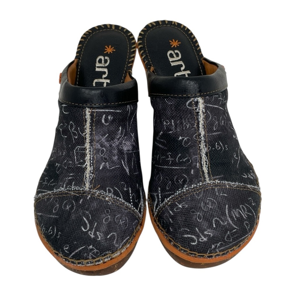 The Art Co Amsterdam Women's Black Clogs Wood Heels Chalkboard Print Size 36